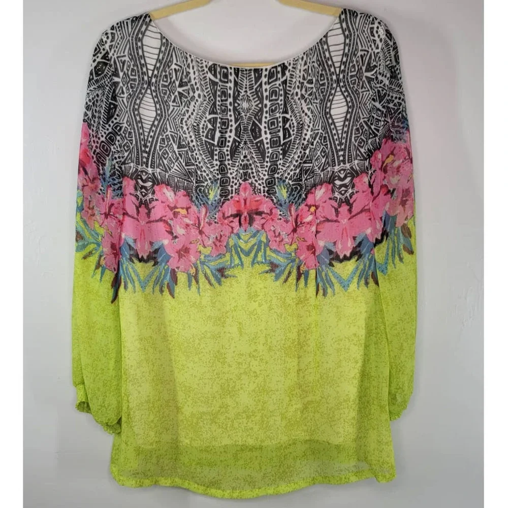 Soft Surroundings Sequin Blouse Top Size M Boat Neck 3/4 Sleeve Floral Green - Picture 2 of 5